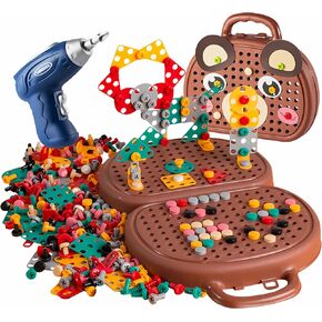 Magic Montessori Toy Play Toolbox-صندوق أدوات المسمار DIY DIY مع الحفر الكهربائية-ألعاب هندسة البناء التعليمية الإبداعية للأعمار من 3 إلى 12 هدية للأطفال (بير)