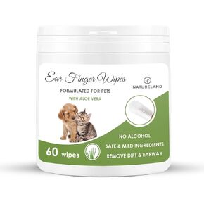 Natureland [60 pcs Finger Wipes] Dog & Cat Ear Finger Wipes - Otic Cleaning Wipes for Infections and Controlling Ear Infections and Ear Odor in Pets (60)