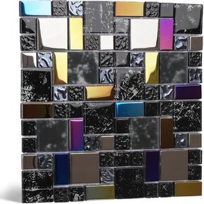 Glass Backsplash Tile, 5-Sheet Glass Mixed Metal Mosaic Tiles Subway Tile Backsplash for Kitchen Wall Bathroom (5 Square Feet)