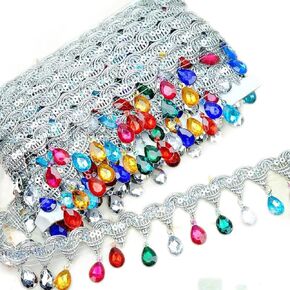 Yalulu 4.5 Yard Hanging Beads Fringe Lace Rhinestone Braided Ribbons Sewing Fringe Tassel Trim Apparel Trims DIY Craft Sewing Accessory (Silver-Multi)