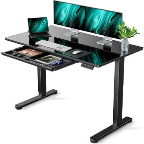 Marsail Glass Electric Standing Desk with Drawer, 48 x 24 Inches Height-Adjustable Desk, One-Piece Tempered Glass Top, Ergonomic Home Office Sit Stand Desk with 4 Preset Heights, Black
