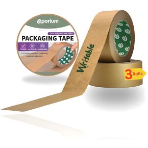 Brown Packing Tape | Self Adhesive Biodegradable Paper Tape | Eco Friendly Heavy Duty Writable & Uncoated Packing Tape for Box & Carton Shipping, Sealing, Moving | 3 Rolls | 2 inch x 55 Yard