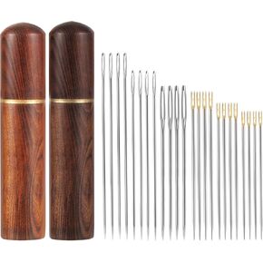 12pcs Self Threading Needles with 12pcs Large Big Eye Needle, Different Size Embroidery Hand Sewing Needle Side Hanging Yarn Needle Easy Thread Tapestry Tool Accessories with 2 Wooden Case (Gold)