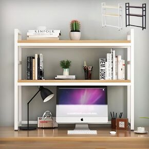 Desk Shelf for Top of Desk, Display Organizer Rack Wood White Light Brown 29" Wide, Office Dorm Slim Countertop Storage Hutch with 2 Tier
