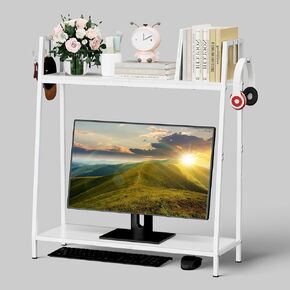 Desk Organizer, Desk Hutch Dorm, 2 Tier Desk Shelf with Monitor Stand Riser and Storage Shelf Adjustable Wood Desktop Bookshelf for Desk, Office Countertop Organizer Rack for Home Dorm Office, White