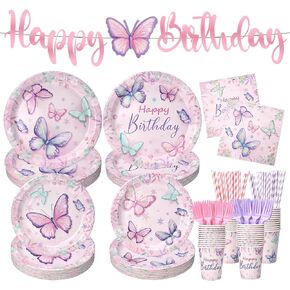 301 PCS Butterfly Plates and Napkins, Birthday Decorations, Party Supplies Include Cups, Forks, Straws and Banner, Perfect for Girls Butterfly Theme Party, Serves 50 Guests