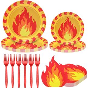 125 Pcs Fire Party Supplies Include 50 9 and 7 Inches Paper Fire Plates 50 Disposable Flame Cocktail Napkins 25 Red Plastic Forks for Firefighter Fireman Party Tableware Supplies Decoration