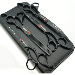 7.0 inches Professional Dog Grooming Scissors Set Straight & thinning & Curved & chunkers & comb 5pcs in 1 Set for left-handed & right handed (Black, Right-handed)