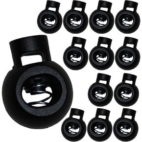 12 PCS Single Hole Round Cord Lock, 17mm Plastic Spring Toggle Stopper for Shoeslace Drawstring Cord Bag Clasp Clip Glove Lock Hoodie String (Black)