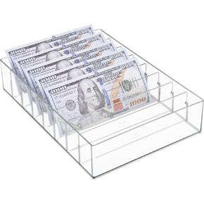 Klmnop Cash Organizer ، صينية نقدية كبيرة 8 فتحات مع مقسم قابل للإزالة ، منظم حامل أموال بلاستيكي شفاف لـ Bill Envelope (Clear)