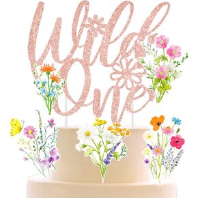 Wild One Flower Cake Topper 4Pcs Wildflower Birthday Cake Decorations Wildflower Theme 1st Birthday Decoration Wild One Cupcake Cake Picks for Wildflower First Baby Shower Supplies