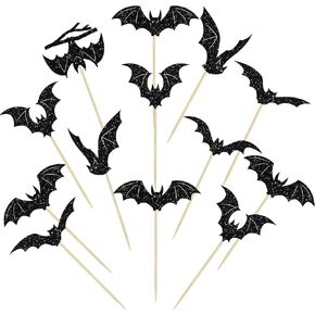 Gyufise 24Pcs Halloween Bat Cupcake Toppers Black Glitter Bat Halloween Cupcake Picks for Halloween Theme Baby Shower Kids Birthday Party Cake Decorations Supplies