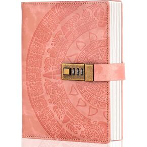 CAGIE Diary with Lock for Women Girls 256 Pages Leather Password Journal with Lock A5 Locking Journal for Writing Note Taking with Mayan Pattern, 8.5 × 5.9 inch, Pink