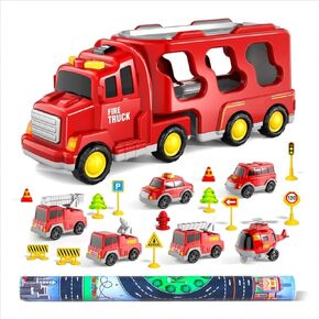 Bennol Toddler Toys for 1 2 3 4 5 6 Years Old Boys, 7 in 1 Fire Car Trucks Playset with Play Mat & Accesoories, Birthday Gifts for Toddlers Kids Boys Girls Age 1-3 3-5