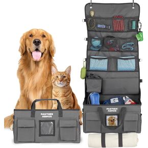 Panther Armor Dog Organizer Storage, Over The Door or Closet Hanging, Wraps into Duffle Bag, Waterproof Dog Supply Tote, Pet Travel Bag with Grooming Pouch and Treat Pouch