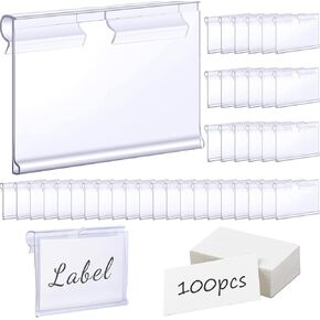100 Pcs Clear Plastic Label Holders + 100 Pack Blank Label Paper, Merchandise Sign Display Tag Holder for Pantry Retail Merchandise Shopping Mall Store Shop Supermarket（2.36x1.57in）