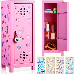 2 Set Pink Mini Locker with Lock and Keys, Stickers 10.8'' Small Locker Miniature Storage Metal Locker for Desktop Bedroom Home Office (Lovely)