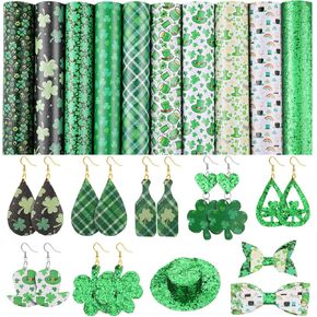 Boao 10 Pieces St. Patrick's Day Faux Leather Sheet Glitter Sequins Shamrock Fabric Faux Leather Sheet for DIY Bows Earrings Making Crafts, 20 x 26 cm/ 7.9 x 10.2 Inches