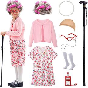 100 Days of School Costume for Girls, Old Lady Costume for Kids, Granny Grandma Dress Up