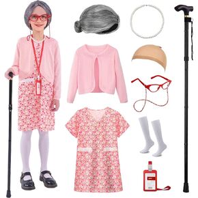 100 Days of School Costume for Girls, Old Lady Costume for Kids, Granny Grandma Dress Up