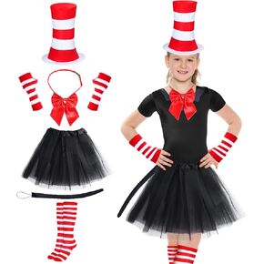 Kyson Cat Costume for Kids Tulle Tutu Skirt Red And White Striped Gloves Bowtie Long Tail For Halloween 100th Days of School