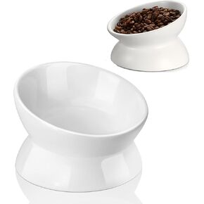 Ceramic Raised Cat Bowls, Slanted Cat Dish Food or Water Bowls, Elevated Porcelain Pet Feeder Bowl Protect Cat's Spine, Stress Free, Backflow Prevention