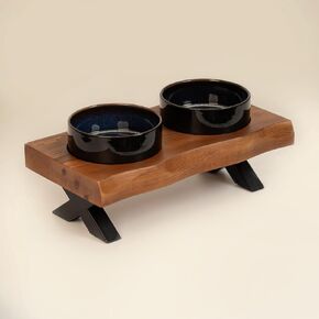Raised Cat Ceramic Bowls for Small and Medium Dog, Solid Wooden Dog Food Bowl with Stand, Food Feeding Dishes Water Bowl for Cats and Puppy(Walnut Wood)