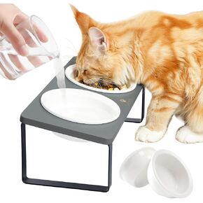 Sunhoo Elevated Cat Bowls for Indoor Cats Ceramic Kitty Dish Food Water Raised Tilted Puppy Feeding Sation with 4 Dishes Wooden Stand Pet Feeder Metal Legs Orthopedic Anti Vomiting（Brown）