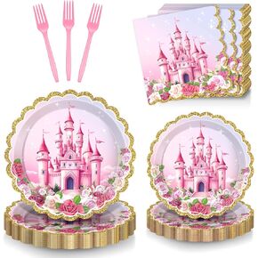 96 Pcs Princess Plates for Birthday Party, Princess Plates and Napkins Tableware Castle for Party, Princess Castle Birthday Tableware Set for Girl Birthday Flower Fairytale Dinnerware Serve 24 Guests