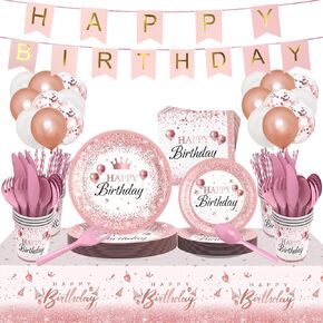 Rainbow Birthday Plates Napkins Sets Pink Birthday Party Supplies Glitter Diamond Plates,Rose Gold Disposable Birthdays Dinnerware Sets Unicorn Girls Party Plates with Tablecloth Cup Banner Serve 24