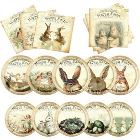 Vintage Easter Plates and Napkins Set, Easter Bunny Party Decoration, Religious Easter Egg Themed Plates Napkins, Happy Easter Garland for Spring Picnic Bunny Party, Easter Holiday Party Supplies