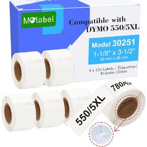 Address & Barcode Labels Replacement for DYMO 30251 with chip (1-1/8" x 3-1/2") [6 Rolls/780 Labels] Compatible with DYMO Labelwriter 450, 4XL,550,5XL & Zebra Desktop Printers