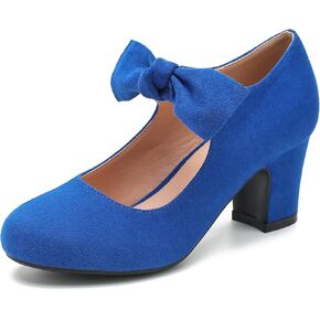 Women's Low Block Chunky Heels Pumps Bow Mary Jane Round Toe Low Heels Ankle Strap Wedding Dress Evening Party Shoes Red Suede 39-7.5US