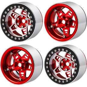 4Pcs Aluminum Alloy 2.2 Inch Beadlock Wheel Hub Rims Width 35mm Length 64mm 5-Spoke Wheel Rim Compatible with 1/10 Axial SCX10 90046 1/14 MJX 14210 RC Car Upgrade Replacement (Red)