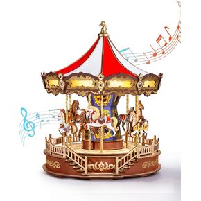 Rowood 3D Puzzles for Adults,Wooden Carousel Music Box for Adults Girls,DIY Christmas Collectible Building Model Kit - Classic Carousel