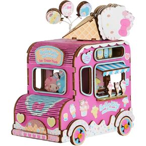 Hands Craft Hello Kitty and Friends 3D Wooden Puzzle | Music Box Ice Cream Truck Model Kit | Charming Decor & Toy for Kids | DIY Craft Set | Creative Play with Real Music Player