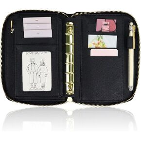 Buqoo A7 Budget Binder Budget Binder Cash Envelopes PU Leather Notebook Planner with Zipper 6 Rings Refillable Money Wallet Organizer, Notebook for Women/Men Work Planner Folders (Black)