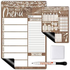 Hadley Designs Rustic Magnetic Weekly Meal Planner Dry Erase Board for Refrigerator - Weekly Dinner Menu Board for Kitchen Conversion Chart Magnet, Grocery List