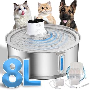 Dog Water Fountain, 2.1Gal/8L Battery Operated Wireless Stainless Steel Pet Water Fountain Motion Sensor Cat Water Fountain Large Dog Bowl Inside with 3 Filters and 2 Ultra Quiet Pumps