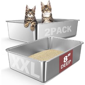 2 Pack 23.6" x 16" x 8" XXL Stainless Steel Cat Litter Boxes, High Sides Metal Cat Litter Box for Multi-Cats Big Cats XXL Metal Litter Pan Tray, Non-Sticky, Easy Cleaning