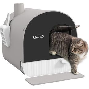 PawHut Cat Litter Box with Lid, Covered Litter Box for Indoor Cats with Tray, Scoop, Filter, 17" x 17" x 18.5", Light Gray