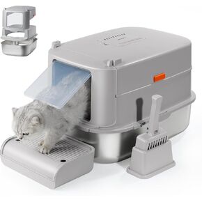 Stainless Steel Litter Box with Lid – XL Removable Covered Cat Litter Box with Door Flap,Extra Large Enclosed Metal Litter Box with High Sides,Litter Scoop – Durable & Easy to Clean,LightGrey