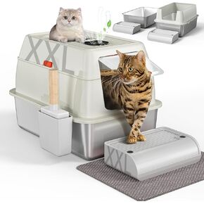 Cat Litter Box with Lid,Extra Large Stainless Steel Litter Boxes,Odor Free,Non-Sticky,Anti-Leakage,Covered Front Entry Top Exit Litterboxes for Big Cats,Dogs,Kitty,Rabbit,Suit for Indoor and Outdoor