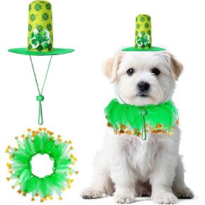 2Pcs St. Patrick's Day Dog Costume Kit - Pet Shamrock Top Hat and Collar, Holiday Party Dress up Cosplay Accessories