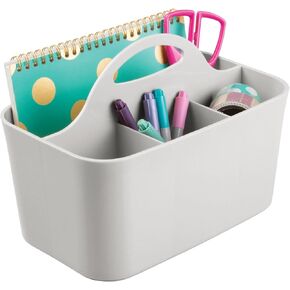 mDesign Plastic Small Office Storage Organizer Utility Tote Caddy Holder with Handle for Cabinets, Desks, Workspaces - Holds Desktop Office Supplies, Pencils, Staplers Lumiere Collection - Light Gray