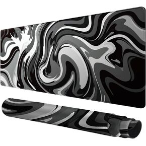 Large Gaming Mouse Pad - Black and White Mouse Pad with Stitched Edges, Extended XL Mousepad with Anti-Slip Rubber Base, Ink Liquid Wave Desk Mat for Keyboard and Mouse(31.5x15.8 inch)