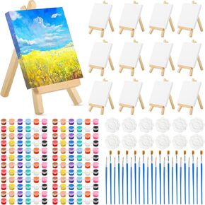 Mini Canvas and Easel Set,12 Set Mini Paint Sets,Mini Canvases for Painting,4" x4 Inch Canvas with Easel,12 Colors Watercolor Paint,Brush,Paint Palettes,Paint and Sip Kit,Paint Party Supplies