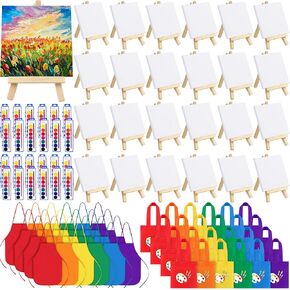 ADXCO Set of 24 Mini Watercolor Paints, 96 Pieces Mini Paint Set with 8 Colors Watercolor Paints, Mini Wood Easels, Canvas Bags, Aprons, Art Supplies for Painting Beginner