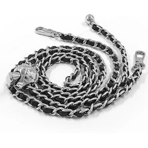Luomorgo 1 Pc Thin Adjustable Chain Handles Strap, Long Purse Strap Replacement, Metal Chain with Black PU Leather Chain Handles for Shoulder Bags, Crossbody Bags DIY Crafts (Silver, 47" Length)