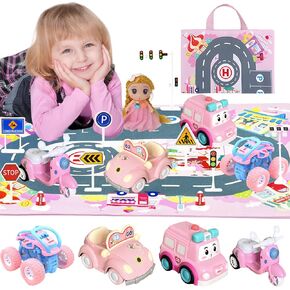 Toddler Girls Brithday Gifts Sets for Age 2 3 4 5, Girls Princess Car Toy Set with Baby Doll, Storage Bag for Traffic Safety Education, Birthday Gifts Christmas Stocking Stuffers for Girl 2-4 Year Old